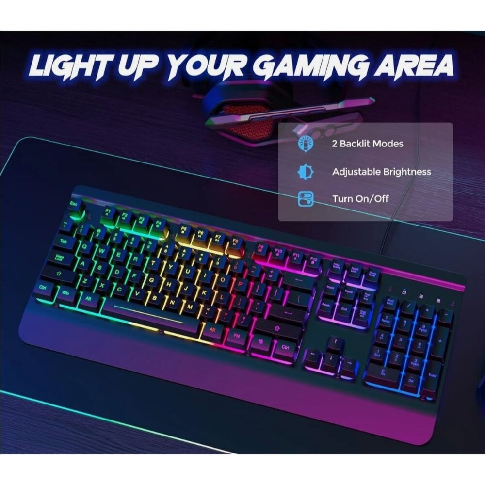 RisoPhy Gaming Keyboard, 104 Keys All-Metal Panel, Rainbow LED Backlit black